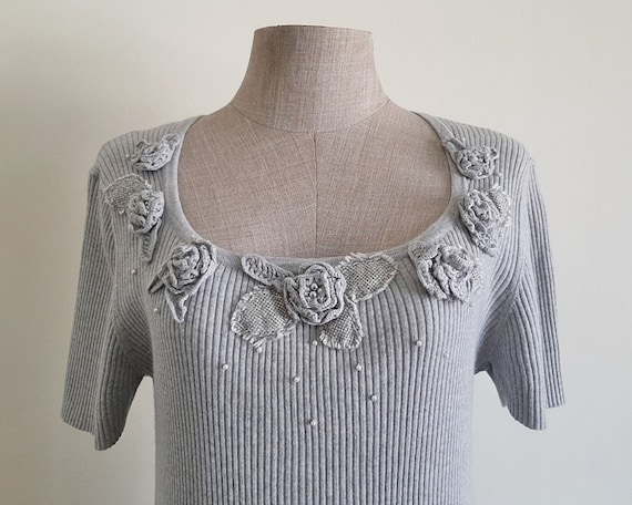 Buy COURREGES Gray Knit Top Vintage Embroidered Top Womens Short 