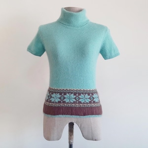 Vintage Blue Green Wool Turtleneck Sweater Short Sleeve Embroidered Pullover Knit Top XXS XS