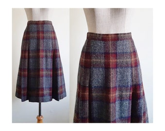 Gray Brown Plaid Skirt Vintage Tartan Midi Skirt Womens Pleated Skirt Wool Skirt A Line Skirt Below The Knee Skirt Small 27" Waist