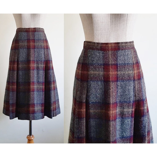 Jupe écossaise marron grise, jupe mi-longue à motif tartan vintage, jupe plissée pour femme, jupe en laine, jupe trapèze sous le genou, petite taille de 27 po.