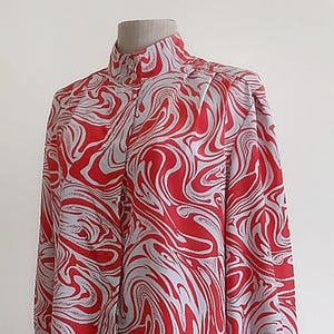 Medium Vintage Gray Red Abstract Print Shirt Womens High Neck Blouse Long Sleeve Shirt Button Up Shirt Polyester Shirt Casual Shirt Top M