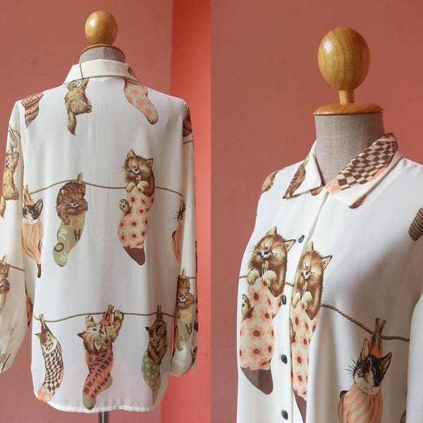 Animal Blouse Casual Shirt 80s Blouse White Shirt Vintage Blouse 1980s Clothing Women Button Up Print Chiffon Japanese Shirt Long Sleeve XL