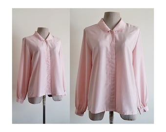 Pink Double Collar Blouse Vintage Long Sleeve Blouse Womens Button Front Shirt Polyester Blouse Secretary Blouse Work Blouse Small