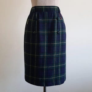 Vintage Green Plaid Wool Skirt Blue Tartan Straight Knee Length With Pockets XS Small
