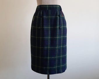 Vintage Green Plaid Wool Skirt Blue Tartan Straight Knee Length With Pockets XS Small