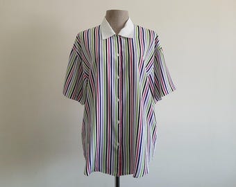 Vintage 80s Rainbow Striped Shirt Short Sleeve Polyester Blouse Button Up Collared Top Large