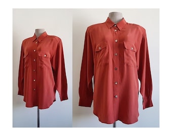 Red Silk Blouse Vintage Long Sleeve Blouse Womens Button Up Shirt Collared Blouse Minimalist Blouse Summer Blouse Casual Blouse XL