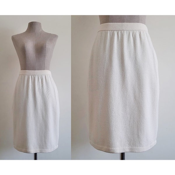 ST. JOHN Cream Knit Skirt Vintage Wool Skirt Womens Elastic Waist Skirt Above The Knee Skirt Pull On Skirt Designer Skirt XS Small