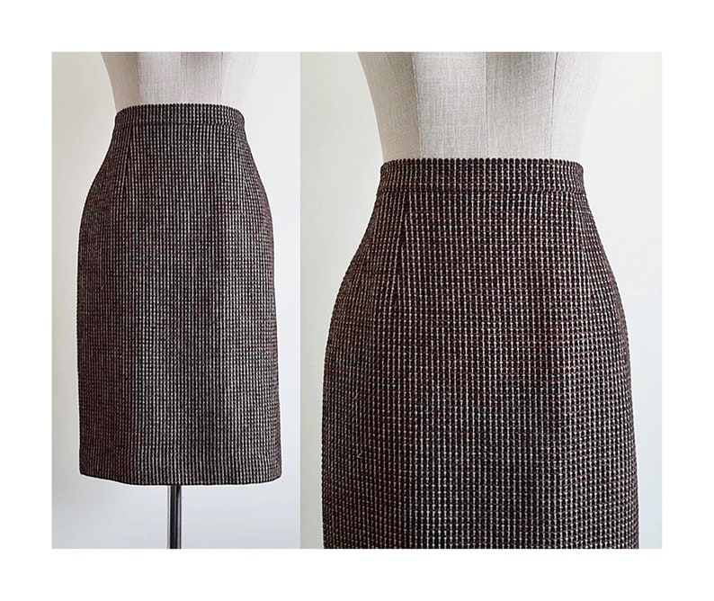 AQUASCUTUM Black Brown Wool Skirt Vintage Knee Length Skirt Womens Straight Skirt High Waisted Skirt Designer Skirt Small 26 Waist image 1