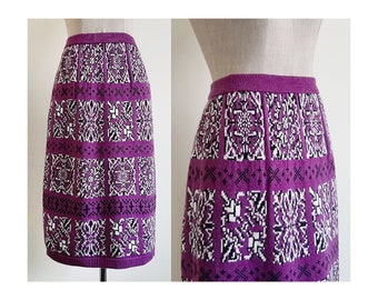 Purple Knit Skirt Vintage Abstract Skirt Womens Elastic Waist Skirt Knee Length Skirt Straight Skirt Pull On Skirt Fall Skirt XS Small