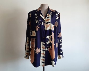 Vintage 80s Abstract Print Shirt Navy Blue Blouse Long Sleeve Button Up Polyester XXL