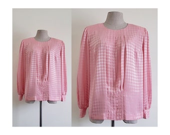 Pink Houndstooth Blouse Vintage Pleated Blouse Womens Puff Sleeve Top Crew Neck Blouse Polyester Blouse Secretary Blouse Work Blouse Large