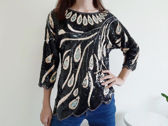 Vintage Black Sequin Top Womens Embroidered Blouse
