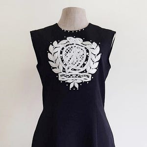 Small Vintage Black Sheath Dress Womens White Embroidered Dress Sleeveless Mini Dress Polyester Dress Crew Neck Dress Work Secretary Dress S