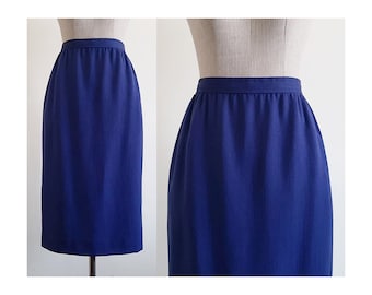 UNGARO Jupe mi-longue bleue, jupe en laine vintage pour femme, jupe droite sous le genou, jupe taille haute avec poches, petite taille de 26 po.