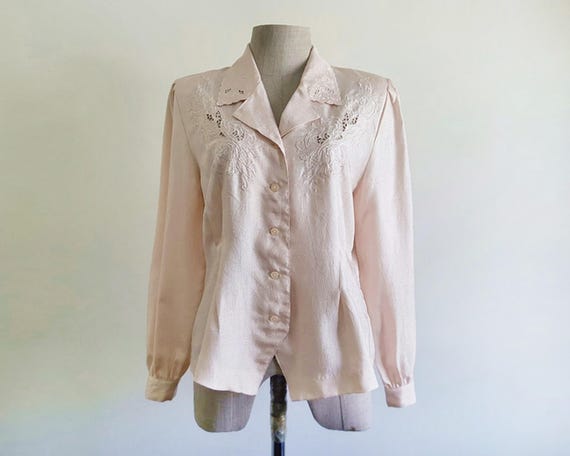 80s Vintage Pink Embroidered Blouse Womens Lace Collar Top Long Puff Sleeve Polyester XS