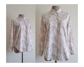 White Floral Print Blouse Vintage Cotton Blouse Womens Long Sleeve Shirt Button Up Blouse Collared Blouse Cottagecore Blouse Small