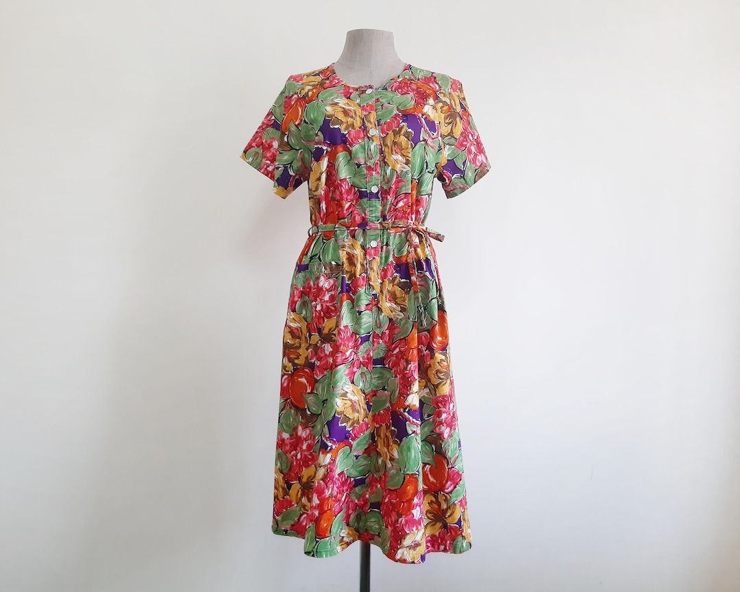 Vintage Green Red Floral Dress Cotton Short Raglan Sleeve Button Front ...
