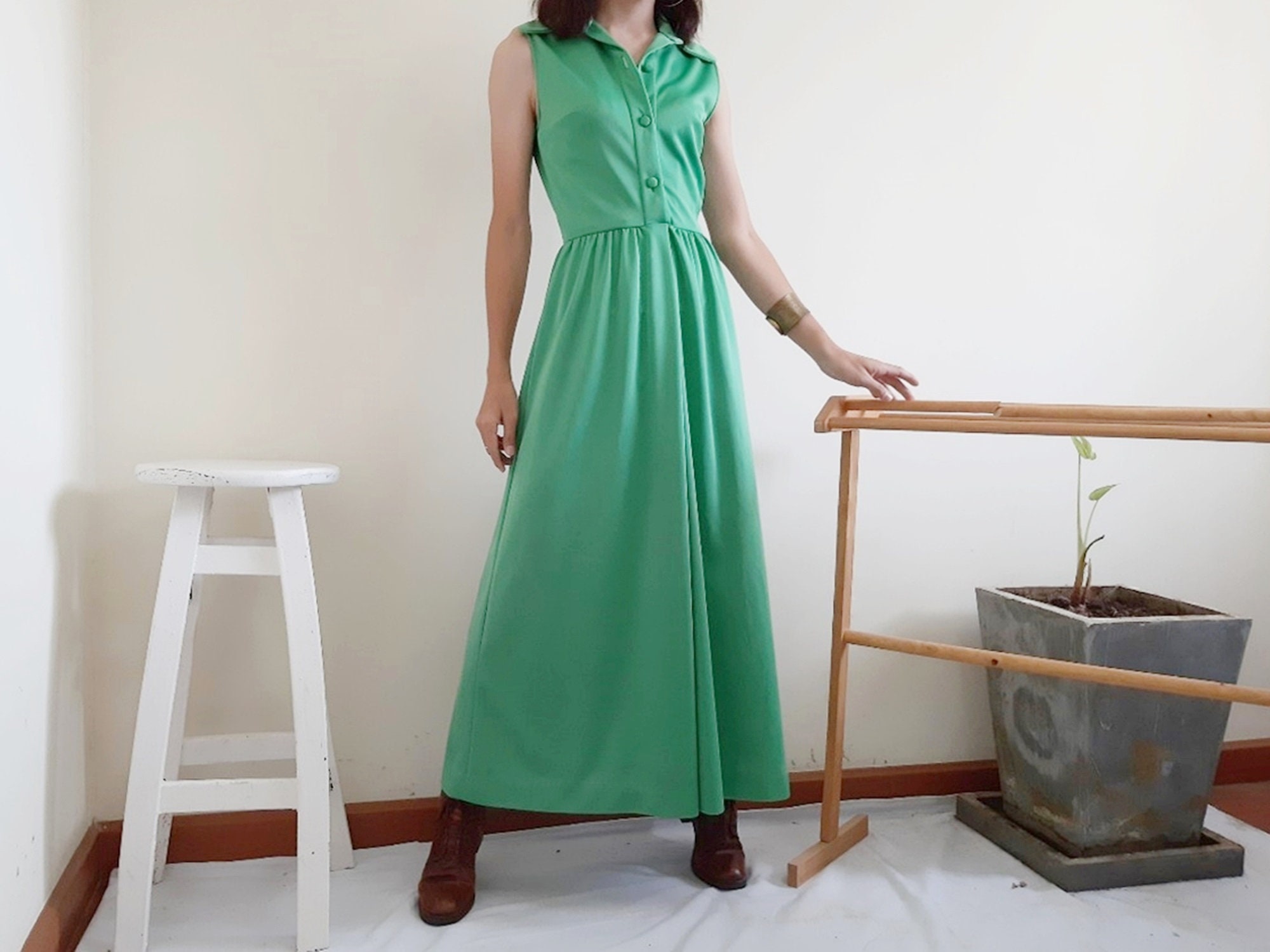 Vintage 1970s Green Maxi Dress Womens 