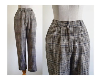 Brown Plaid Pants Vintage Tartan Pants Womens Wool Trousers High Waisted Pants Tapered Pants Cropped Pants Elastic Waist Pants XS Small