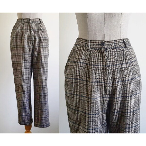 Brown Plaid Pants Vintage Tartan Pants Womens Wool Trousers High Waisted Pants Tapered Pants Cropped Pants Elastic Waist Pants XS Small