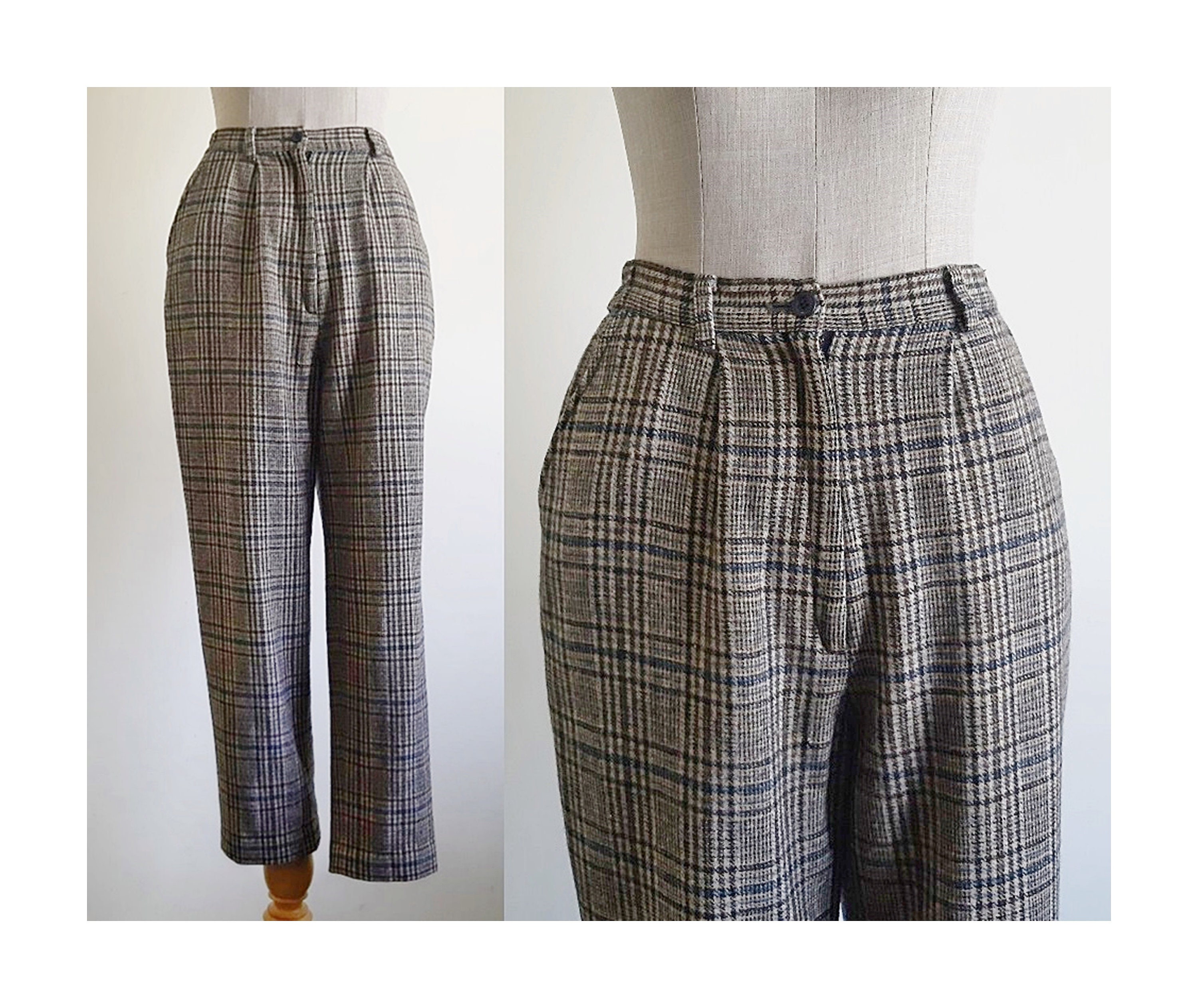 Brown Plaid Pants Vintage High Waisted Pants Womens Tartan