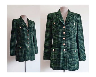 Green Plaid Blazer Vintage Tartan Blazer Womens Wool Jacket Gold Button Blazer Notch Collar Blazer Shoulder Pad Blazer Winter Blazer Large