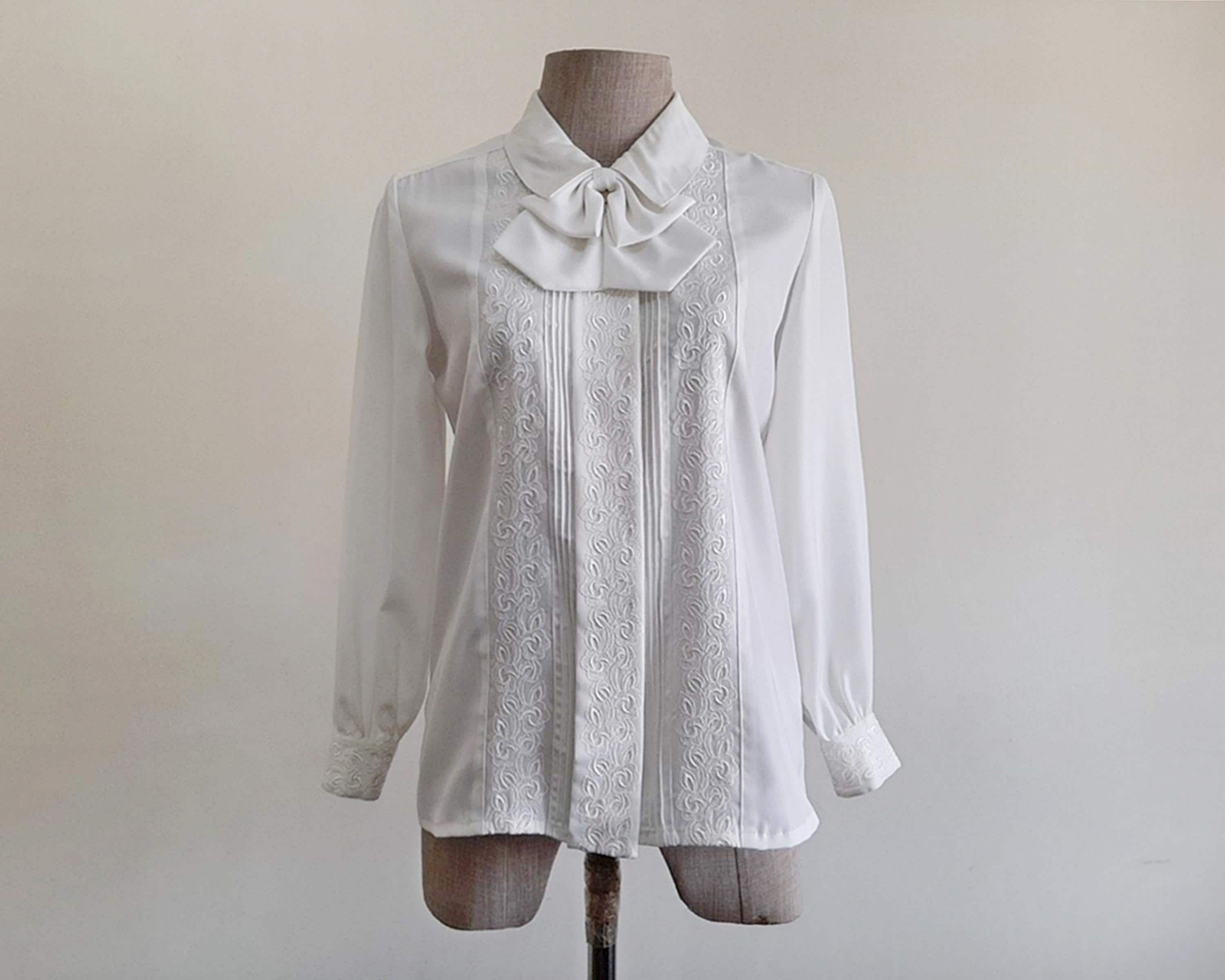 80s Vintage White Bow Embroidered Blouse XS | Womens Long
