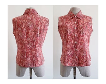 Paisley Print Top Vintage Red Cotton Top Womens Sleeveless Blouse Button Up Top Collared Top Hippie Top Boho Top Summer Top Small Medium