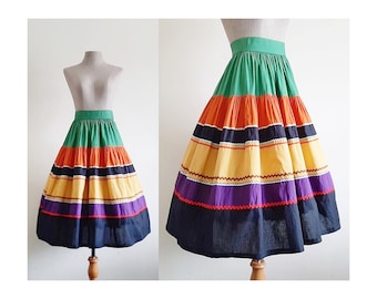 Rainbow Tiered Skirt Vintage Cotton Midi Skirt Womens Gathered Skirt Elastic Waist Skirt Below The Knee Skirt Colorful Skirt XXS XS