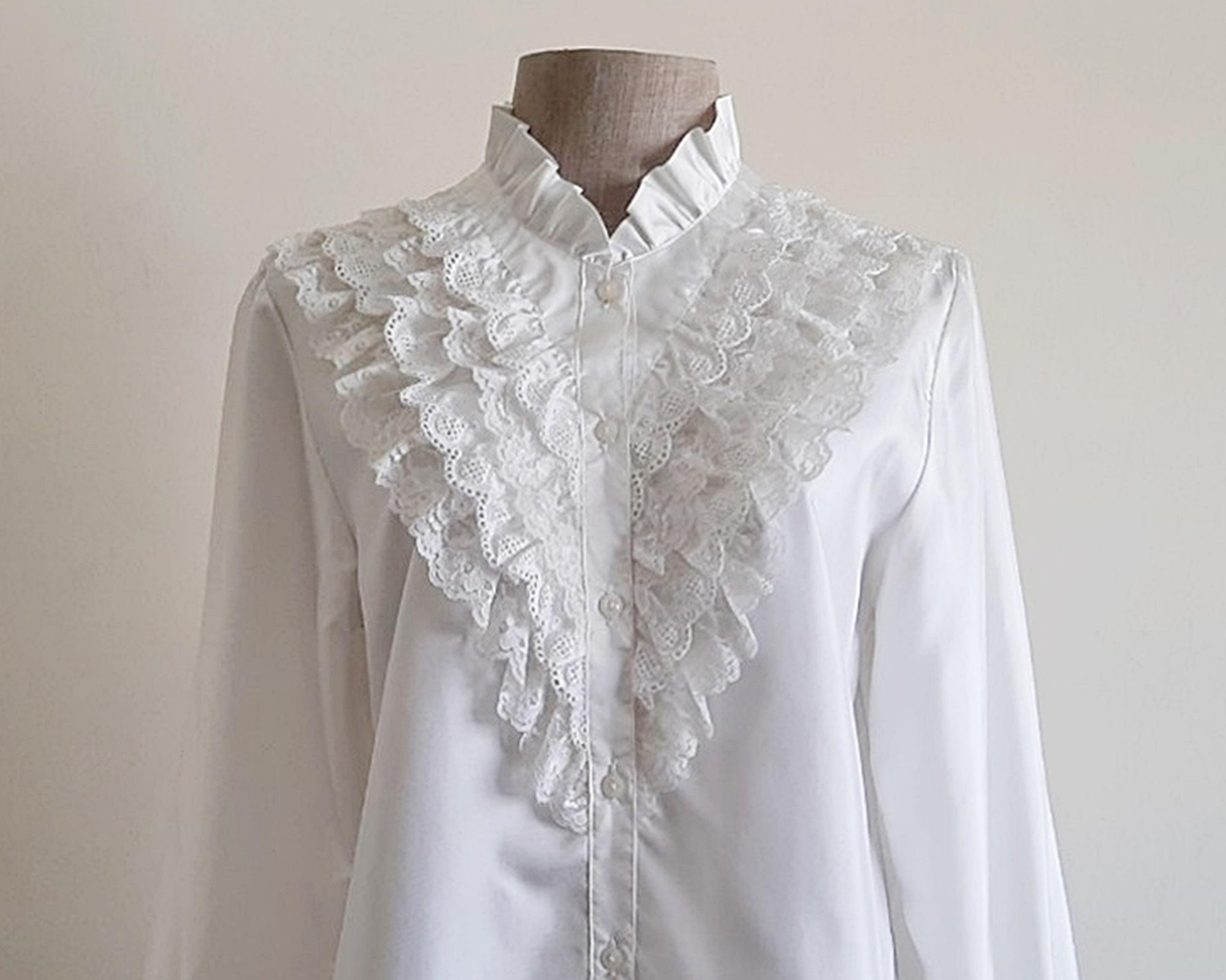 White Ruffle Blouse Vintage Long Sleeve Blouse Womens Button up