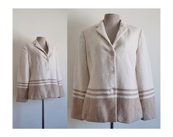 Cream Brown Alpaca Jacket Vintage Striped Jacket Womens Notch Collar Blazer Three Button Jacket Italian Jacket Winter Jacket Medium Large