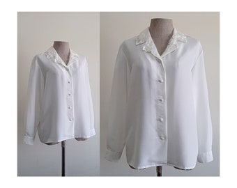 White Embroidered Collar Blouse Vintage Long Sleeve Blouse Womens Button Up Top Polyester Blouse Romantic Blouse Feminine Blouse Large