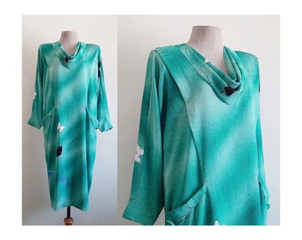 Robe mi-longue verte des années 80, robe imprimée papillon vintage, robe à col bénitier pour femme, robe à manches dolman, robe ample, robe en polyester, robe rétro, moyenne