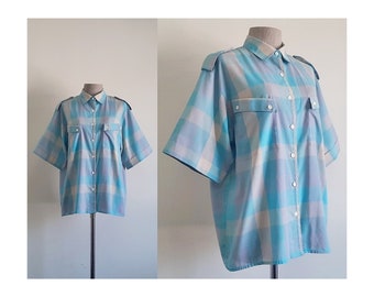 ADOLFO Blue Check Shirt Vintage Gingham Shirt Womens Checkered Blouse Short Sleeve Shirt Button Up Shirt Collared Shirt Casual Shirt Large