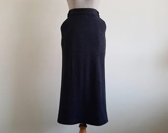 Vintage Byblos Black Trumpet Skirt Wool Acrylic Mermaid Midi With Pockets Medium 28" Waist