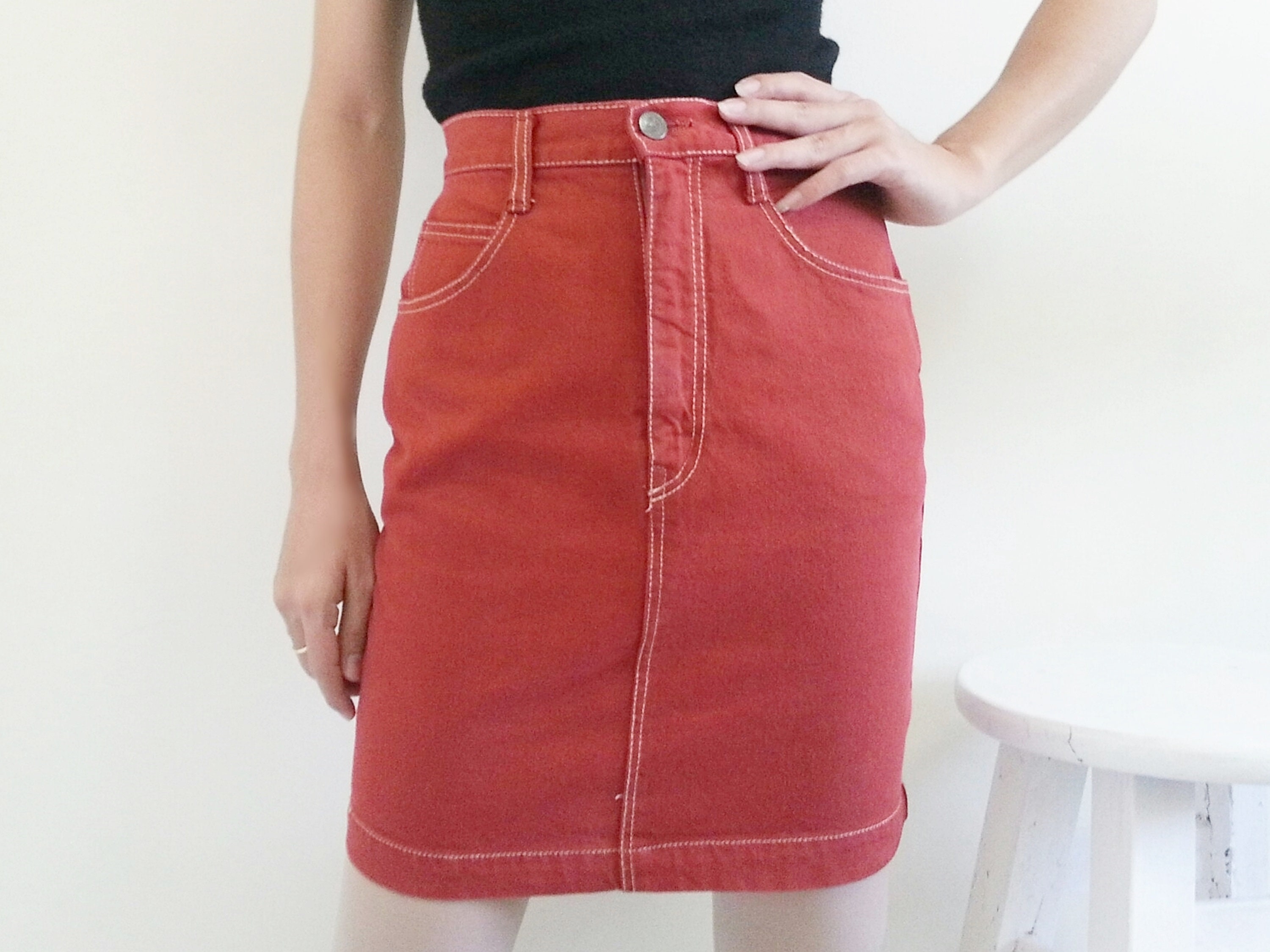 red mini skirt denim shirt