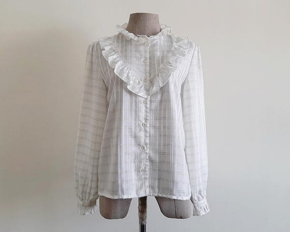 80s Vintage White Ruffle Blouse Metallic Striped Top Long Sleeve