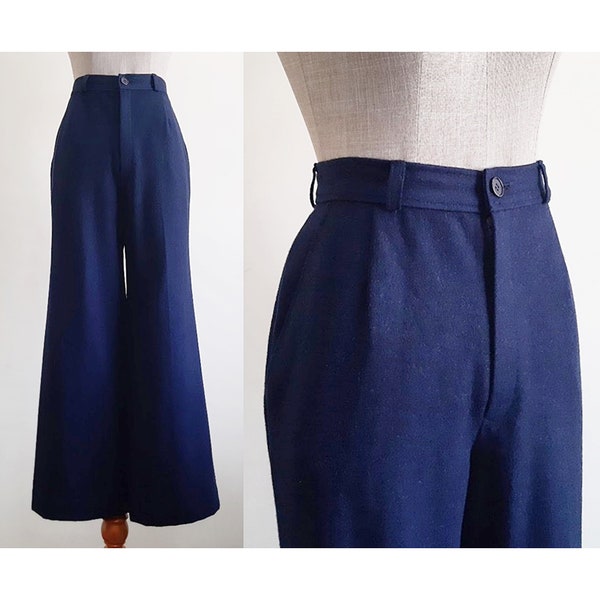 Navy Blue Wide Leg Pants Vintage High Waisted Pants Womens Wool Trousers High Rise Pants Fall Pants Winter Pants Small 26.5" Waist