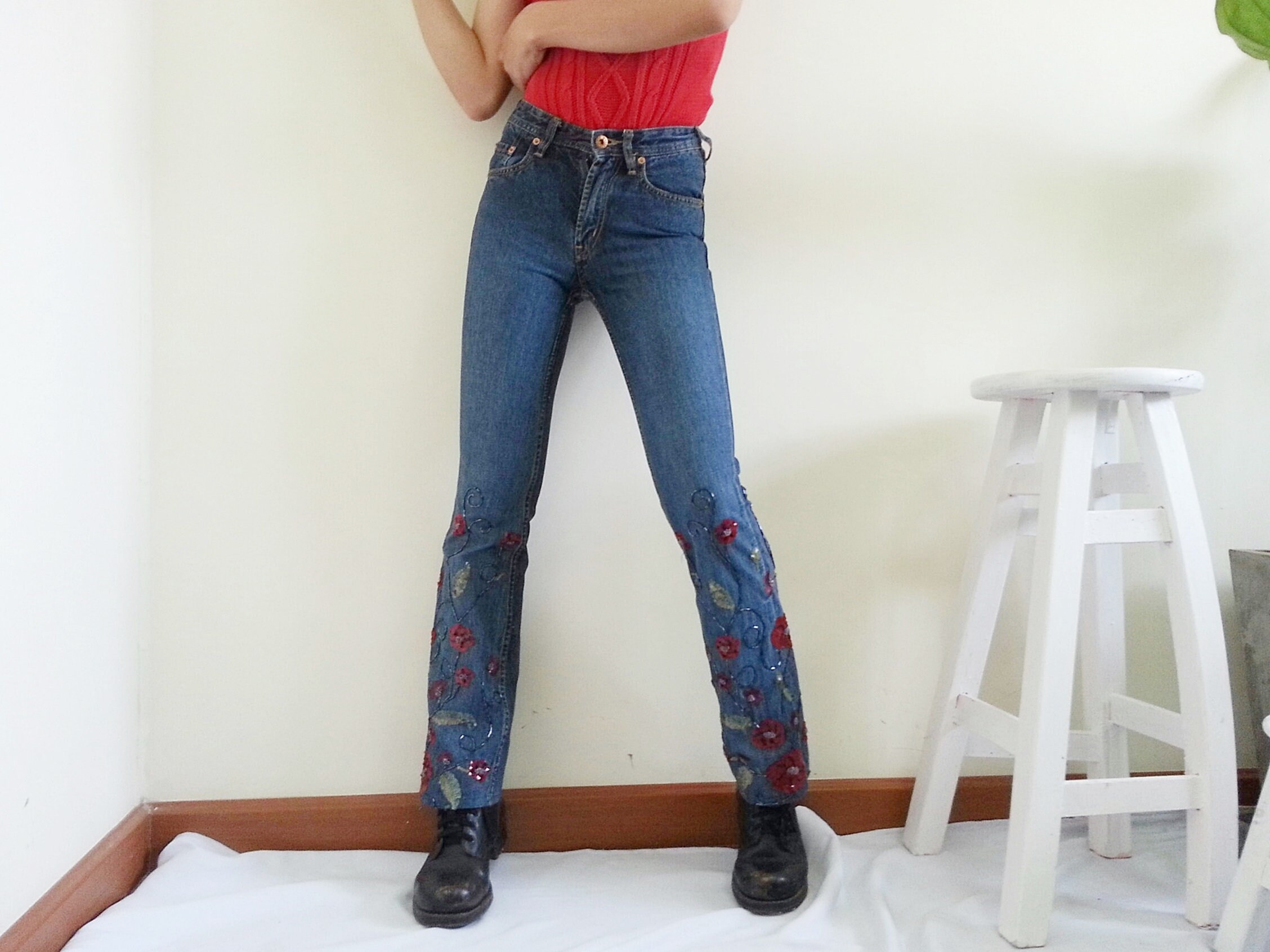 Vintage Blue Sequin Jeans Womens 