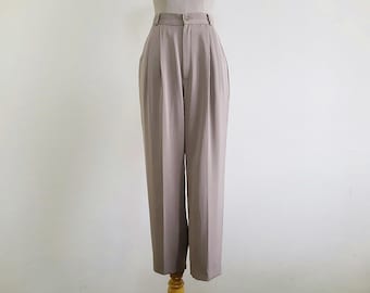 Pantalones vintage beige de cintura alta para mujer, de poliéster, plisados y ajustados, talla XS para oficina, cintura de 25"
