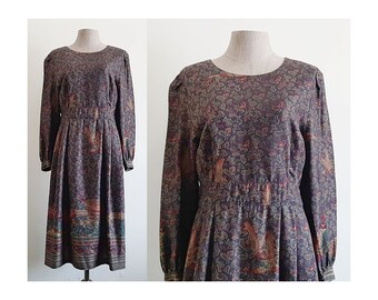 80s Green Purple Paisley Dress Vintage Animal Print Dress Womens Long Sleeve Dress Button Back Dress Polyester Dress Midi Dress Medium