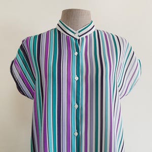 Small Vintage Green Purple Striped Blouse Womens Dolman Sleeve Top High Neck Blouse Button Up Blouse Polyester Blouse Cute Summer Blouse S