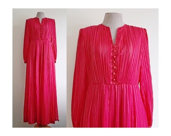 70s Pink Maxi Dress Vintage Evening Dress Womens Formal Dress Prom Dress Chiffon Dress Metallic Dress Pleated Dress Long Sleeve Dress Small