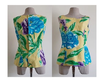 Blue Yellow Floral Top Vintage Linen Silk Top Womens Sleeveless Blouse Button Back Top Boat Neck Top Flower Top Summer Top XS Small