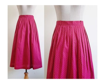 Pink Polka Dot Skirt Vintage Pleated Midi Skirt Womens Cotton Skirt Below The Knee Skirt High Waisted Skirt Summer Skirt XS 24.5" Waist