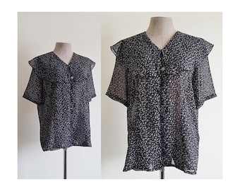 Black Floral Blouse Vintage Sheer Chiffon Blouse Womens See Through Top Short Sleeve Blouse Big Collar Blouse Button Up Blouse XL