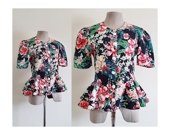 Black Floral Peplum Blouse Vintage Tropical Print Blouse Womens Cotton Top Puff Sleeve Blouse Button Up Blouse Crew Neck Blouse Medium