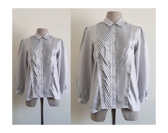 Silver Gray Blouse Vintage Puff Sleeve Blouse Womens Button Up Top Collared Blouse Romantic Blouse Secretary Blouse Work Blouse XS