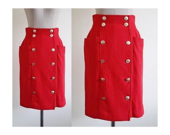 Red Wool Skirt Vintage Button Front Skirt Womens Double Breasted Skirt Above The Knee Skirt High Waisted Skirt With Pockets XS 25" Waist